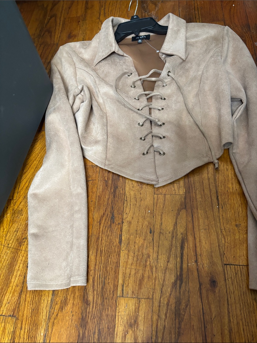 Cropped Lace-Up Taupe Faux Suede Jacket